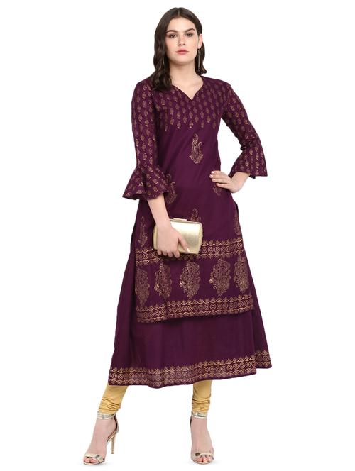 foil printed flared kurta - 16633009 - Very Small Image - 1