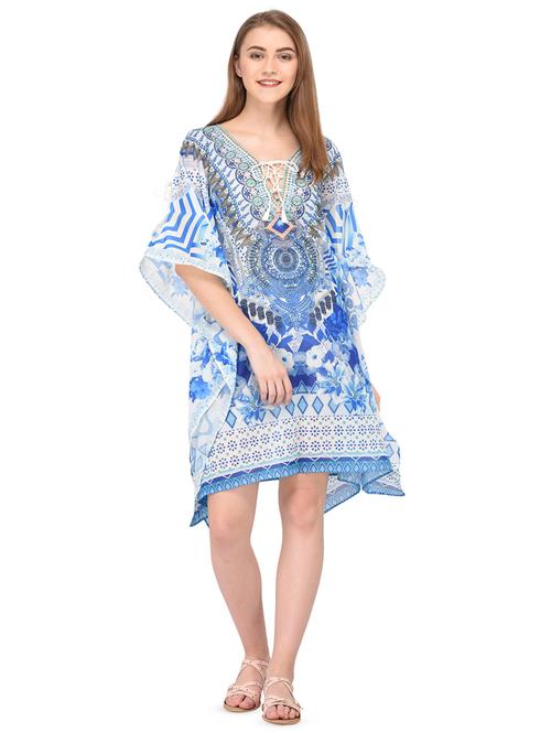 light blue relaxed fit tie up neck printed kaftan dress - 16633728 - Very Small Image - 1
