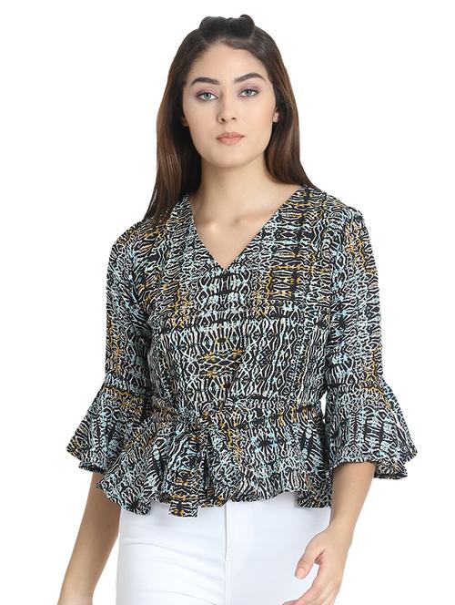 tie front bell sleeved top - 16633981 - Very Small Image - 1