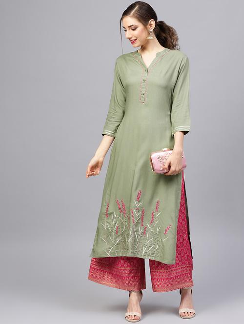 olive viscose kurta palazzo set - 16634242 - Very Small Image - 1