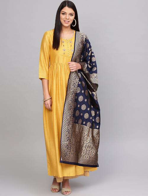embroidered silk fit & flare kurta with zari work dupatta set - 16634283 - Very Small Image - 1