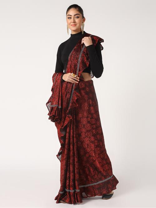 floral ruffled fusion saree with blouse - 16637556 - Very Small Image - 1