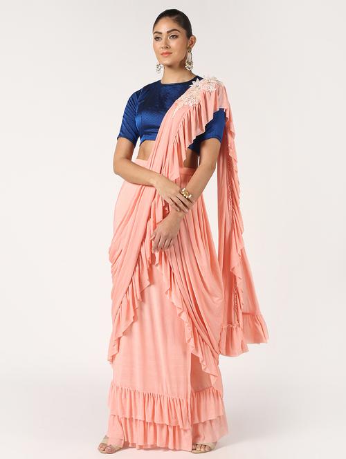 solid ruffled saree with blouse - 16637566 - Very Small Image - 1