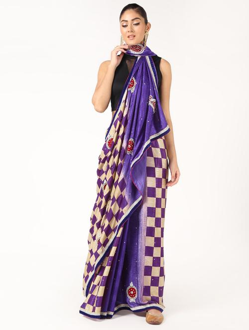 embroidered checkered saree with blouse - 16637633 - Very Small Image - 1