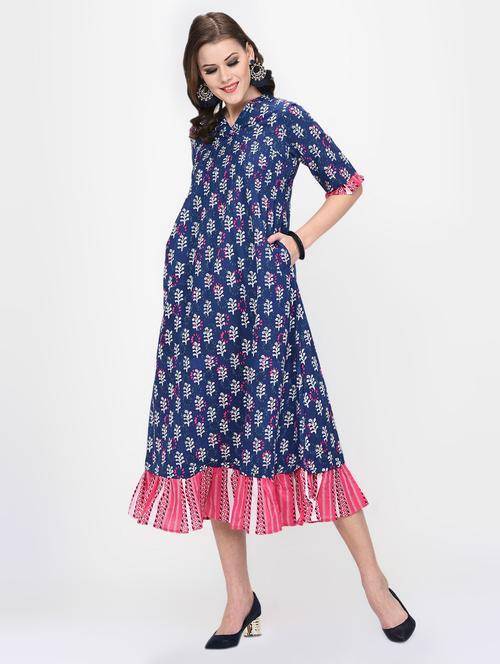 indigo a-line ethnic dress - 16637982 - Very Small Image - 1