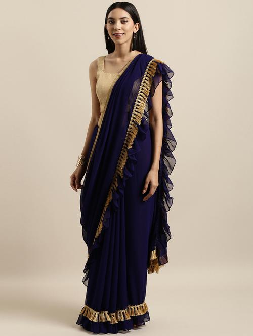 ruffled plain saree with blouse - 16640342 - Very Small Image - 1