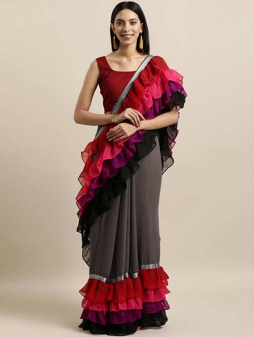 layered ruffled plain saree with blouse - 16640344 - Very Small Image - 1