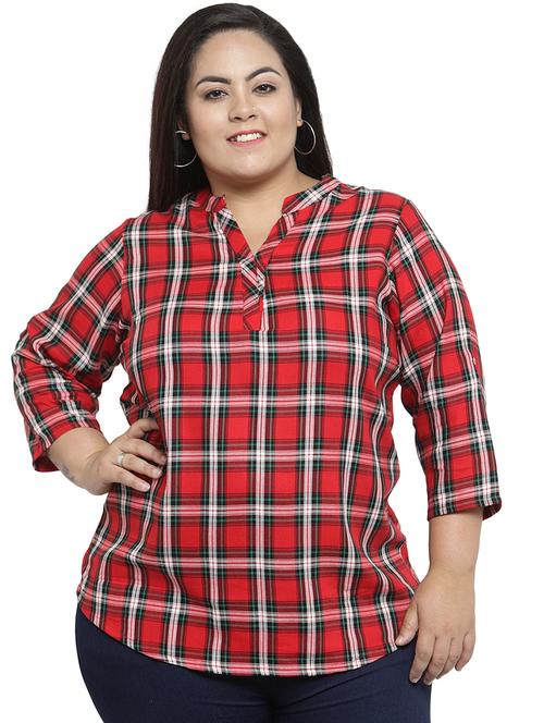 mandarin neck checkered plus top - 16642836 - Very Small Image - 1