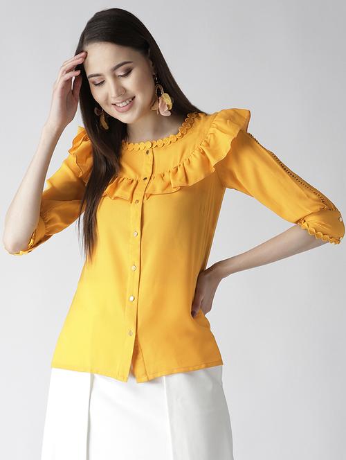 lace inserted neck ruffle detail top - 16642837 - Very Small Image - 1