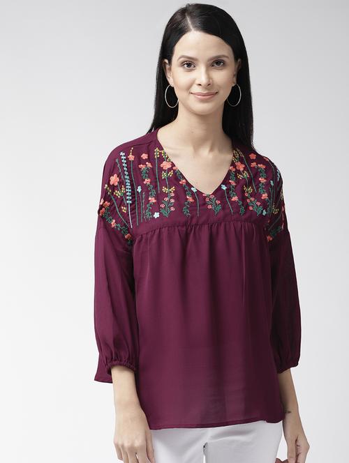 drop shoulder embroidered top - 16642909 - Very Small Image - 1