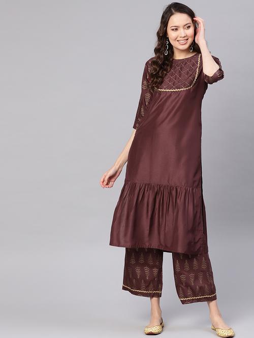 yoke embroidered ruffled kurta palazzo set - 16644062 - Very Small Image - 1