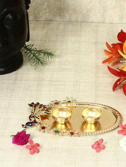 decorative haldi kumkum holder/pooja thali with enamel peacock design - 16649912 - Very Small Image - 1