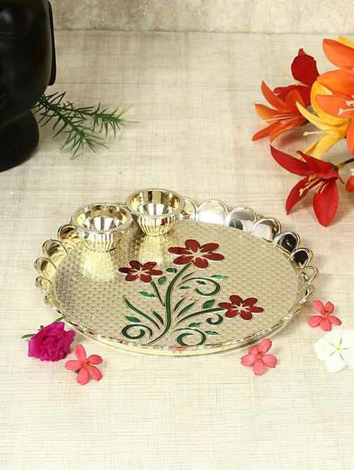 decorative haldi kumkum holder/ puja thali with enamel floral design - 16649913 - Very Small Image - 1