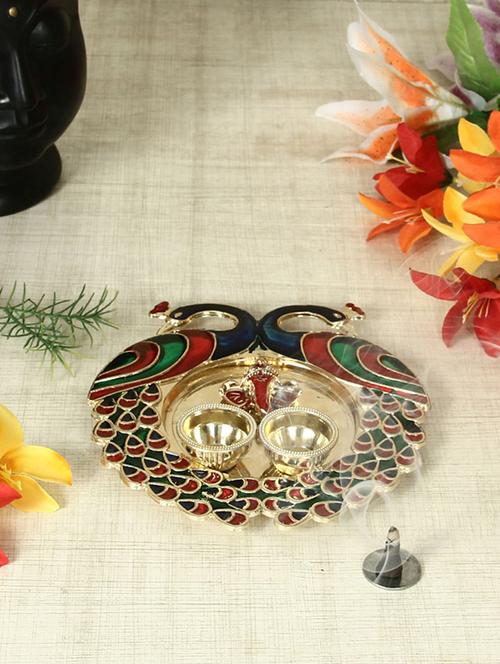 decorative haldi kumkum holder/puja thali with peacock design - 16649928 - Very Small Image - 1
