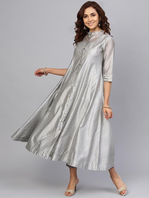 grey solid gota work panelled kurta - 16649935 - Very Small Image - 1