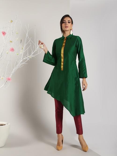 bottle green silk asymmetric kurta - 16651270 - Very Small Image - 1