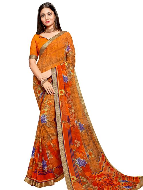 orange georgette printed saree with blouse - 16651278 - Very Small Image - 1