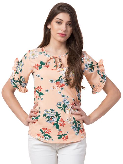 tie knot ruffle trim floral top - 16658261 - Very Small Image - 1