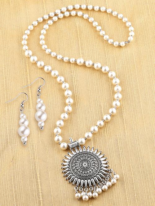 silver plated pearl long pendant with earring - 16659283 - Very Small Image - 1