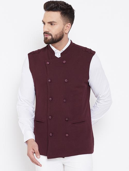 brown double breast solid nehru jacket - 16659371 - Very Small Image - 1