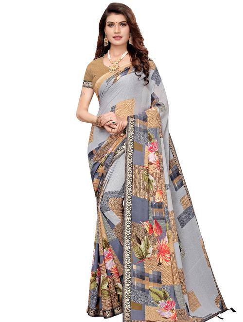 floral printed saree with blouse - 16660038 - Very Small Image - 1