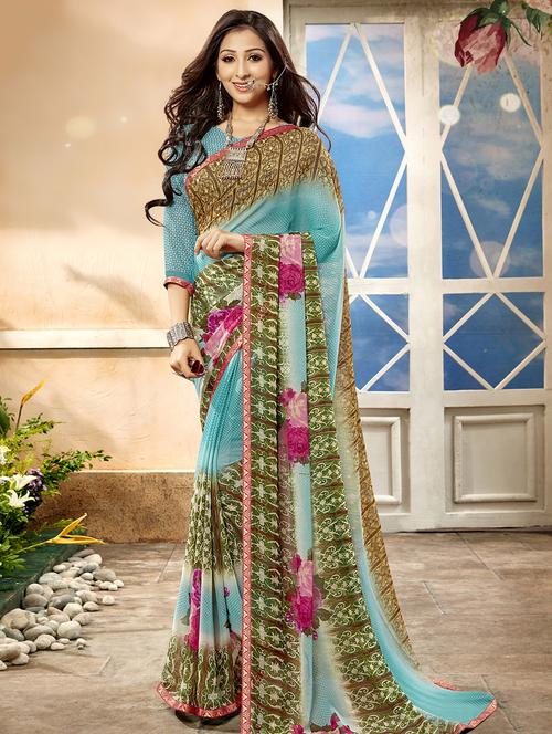 floral printed saree with blouse - 16661688 - Very Small Image - 1