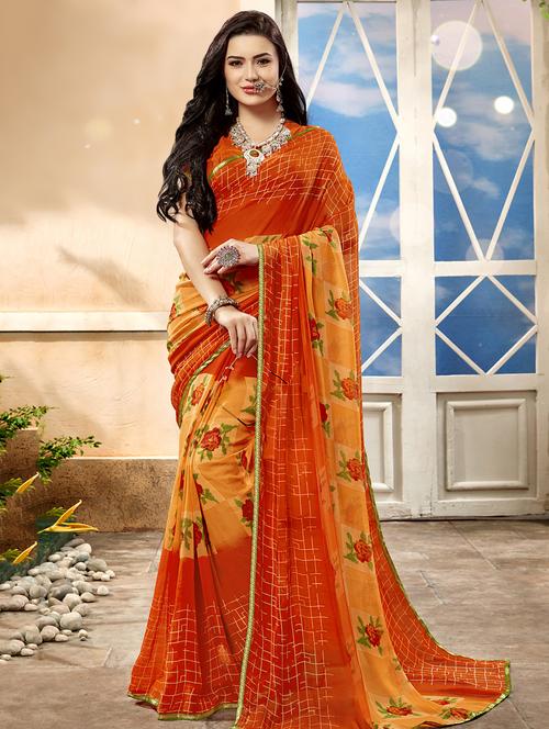 orange georgette printed saree with blouse - 16661692 - Very Small Image - 1