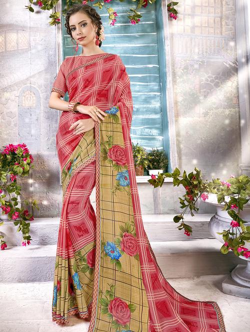 floral printed saree with blouse - 16661697 - Very Small Image - 1