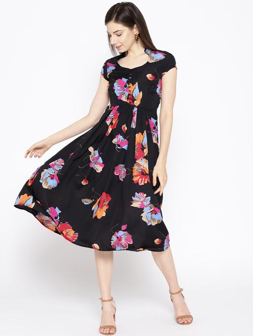 mandarin neck floral fit & flare dress - 16663620 - Very Small Image - 1