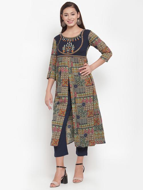 yoke embroidered high-slit kurta pant set - 16666426 - Very Small Image - 1