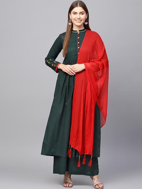 embroidered solid kurta with palazzo set - 16667077 - Very Small Image - 1