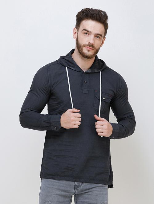 grey solid denim casual hooded shirt - 16672999 - Very Small Image - 1