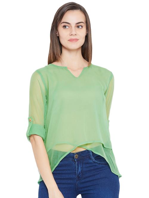 notch neck roll up sleeves layered top - 16673574 - Very Small Image - 1