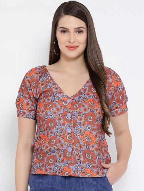 v neck button detail floral top - 16673786 - Very Small Image - 1