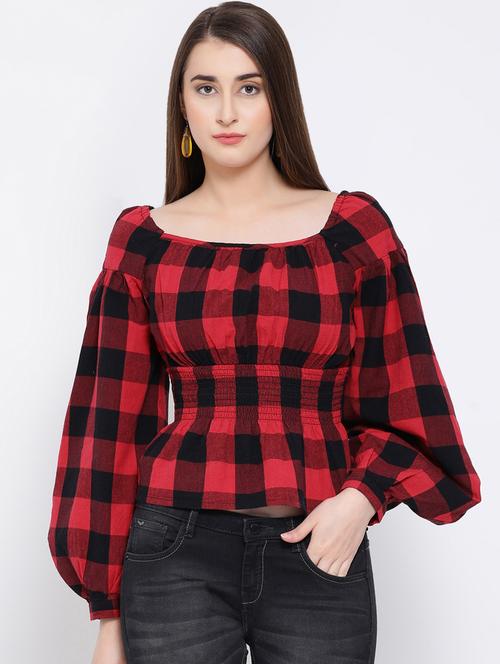 round neck smock detail checkered top - 16673806 - Very Small Image - 1