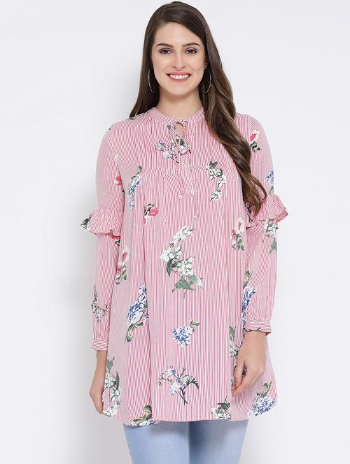 tie knot ruffle detail floral tunic - 16673828 - Very Small Image - 1