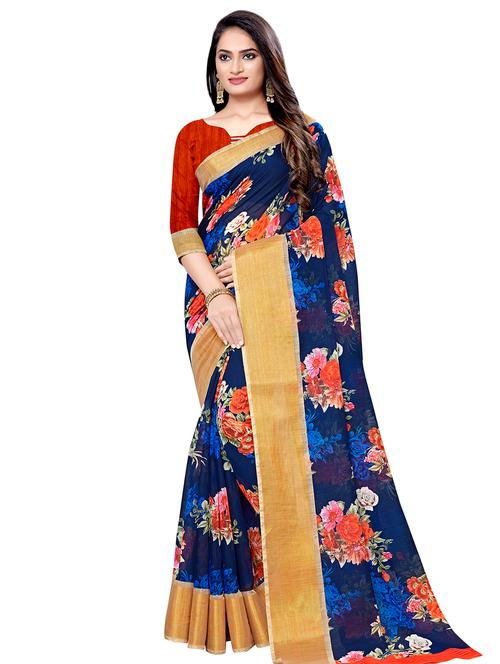floral print bordered saree with blouse - 16675360 - Very Small Image - 1