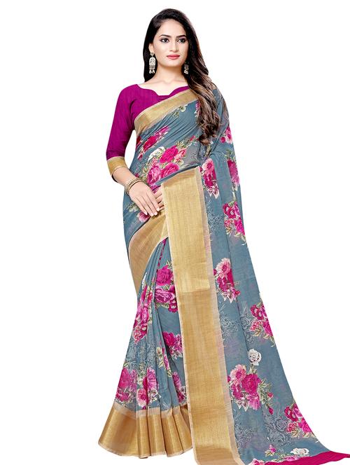 floral print bordered saree with blouse - 16675361 - Very Small Image - 1