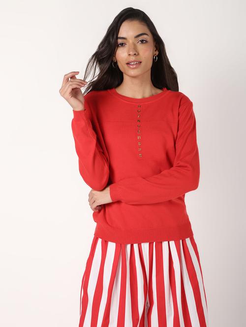 crew neck embellish detail long sleeved wool blend pullover - 16675672 - Very Small Image - 1