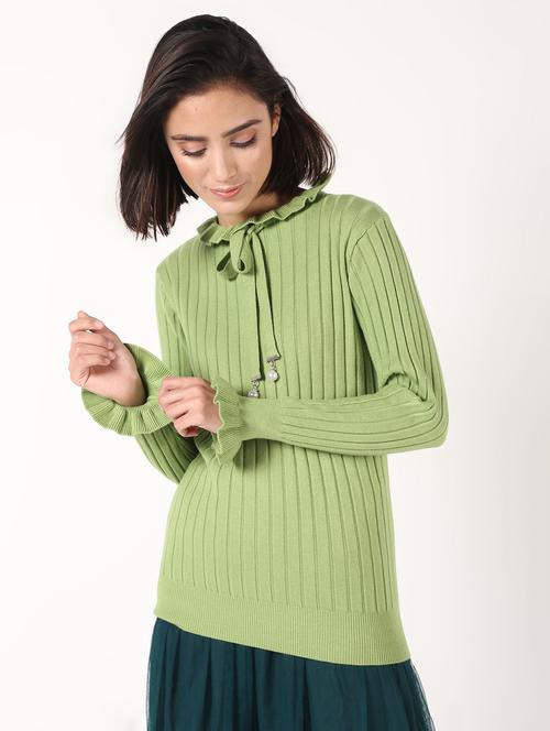 ruffled detail neck flute sleeved wool blend pullover - 16675699 - Very Small Image - 1