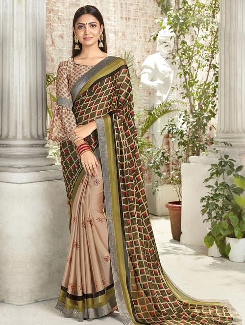half & half printed saree with blouse - 16675754 - Very Small Image - 1