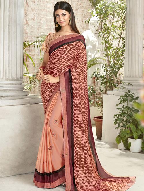 half & half printed saree with blouse - 16675755 - Very Small Image - 1