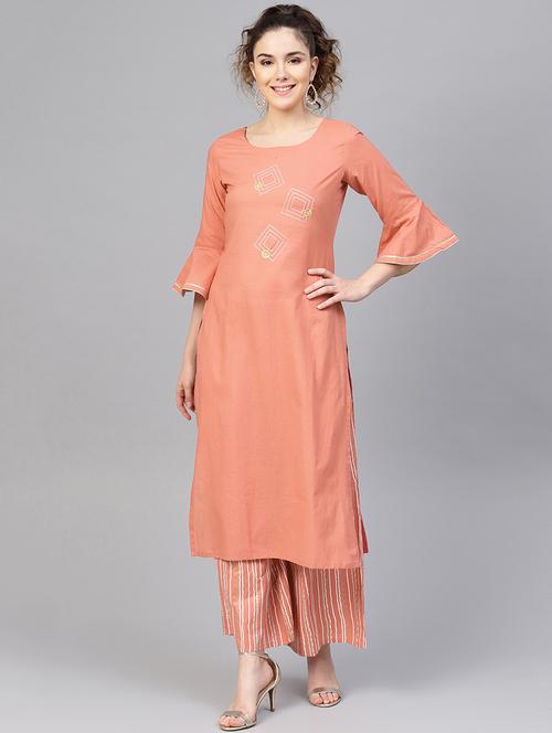 embroidered kurta with stripes palazzo set - 16675811 - Very Small Image - 1