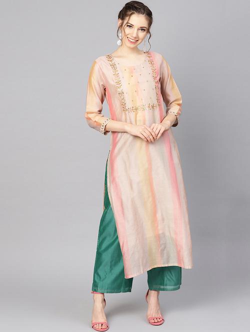 zari embroidered chanderi straight kurta - 16675880 - Very Small Image - 1