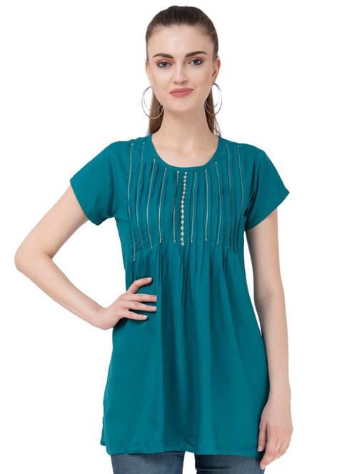 round neck pleated embroiderrd tunic - 16675926 - Very Small Image - 1