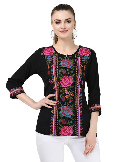notch neck floral embroidered tunic - 16675943 - Very Small Image - 1