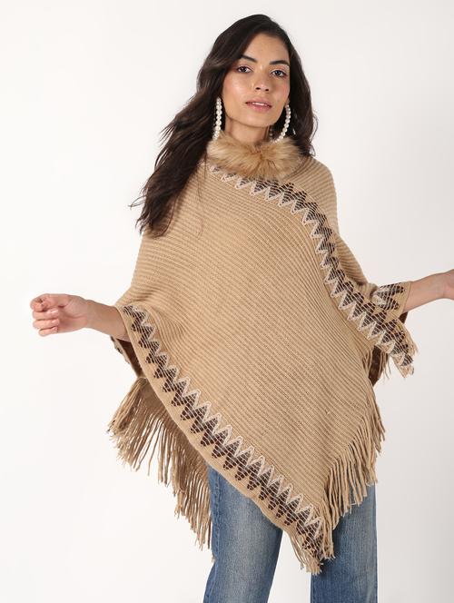 faux fur detail fringe hem wool poncho - 16676037 - Very Small Image - 1