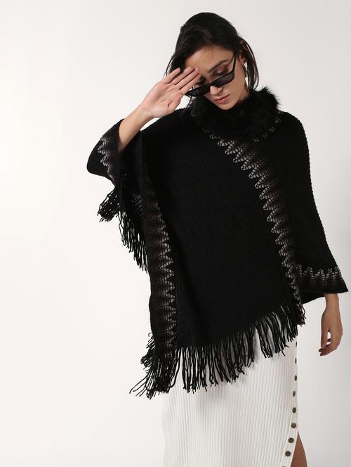 fur detail fringe hem wool poncho - 16676038 - Very Small Image - 1