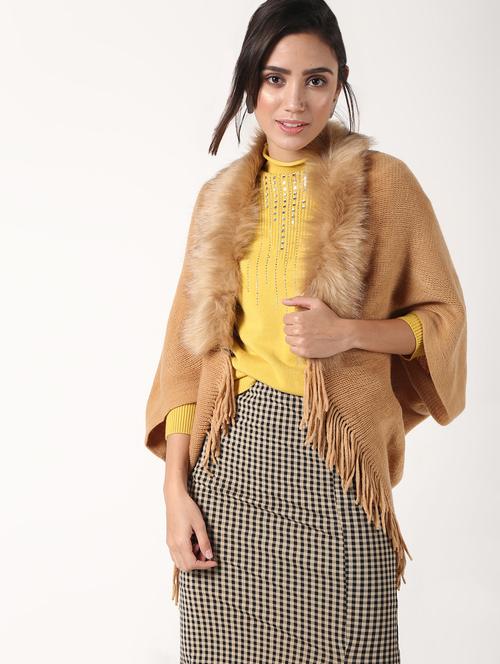 fur detail fringe hem wool poncho - 16676040 - Very Small Image - 1