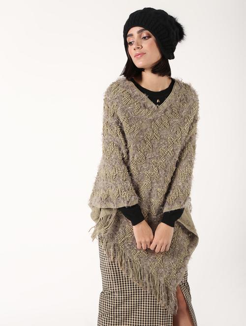 v neck fringe hem wool poncho - 16676043 - Very Small Image - 1